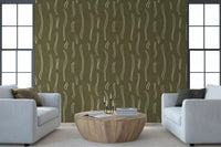 Olive Green Wavy Stripe Wallpaper Mid Century Wallpaper⁠