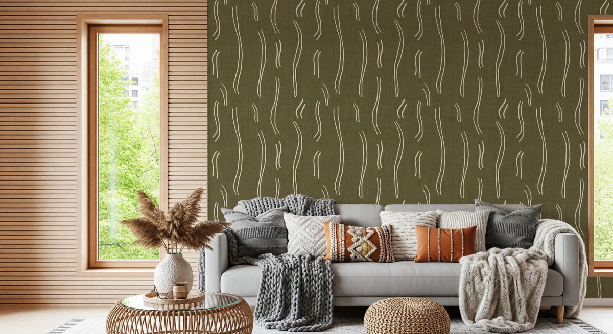 Olive Green Wavy Stripe Wallpaper Mid Century Wallpaper⁠