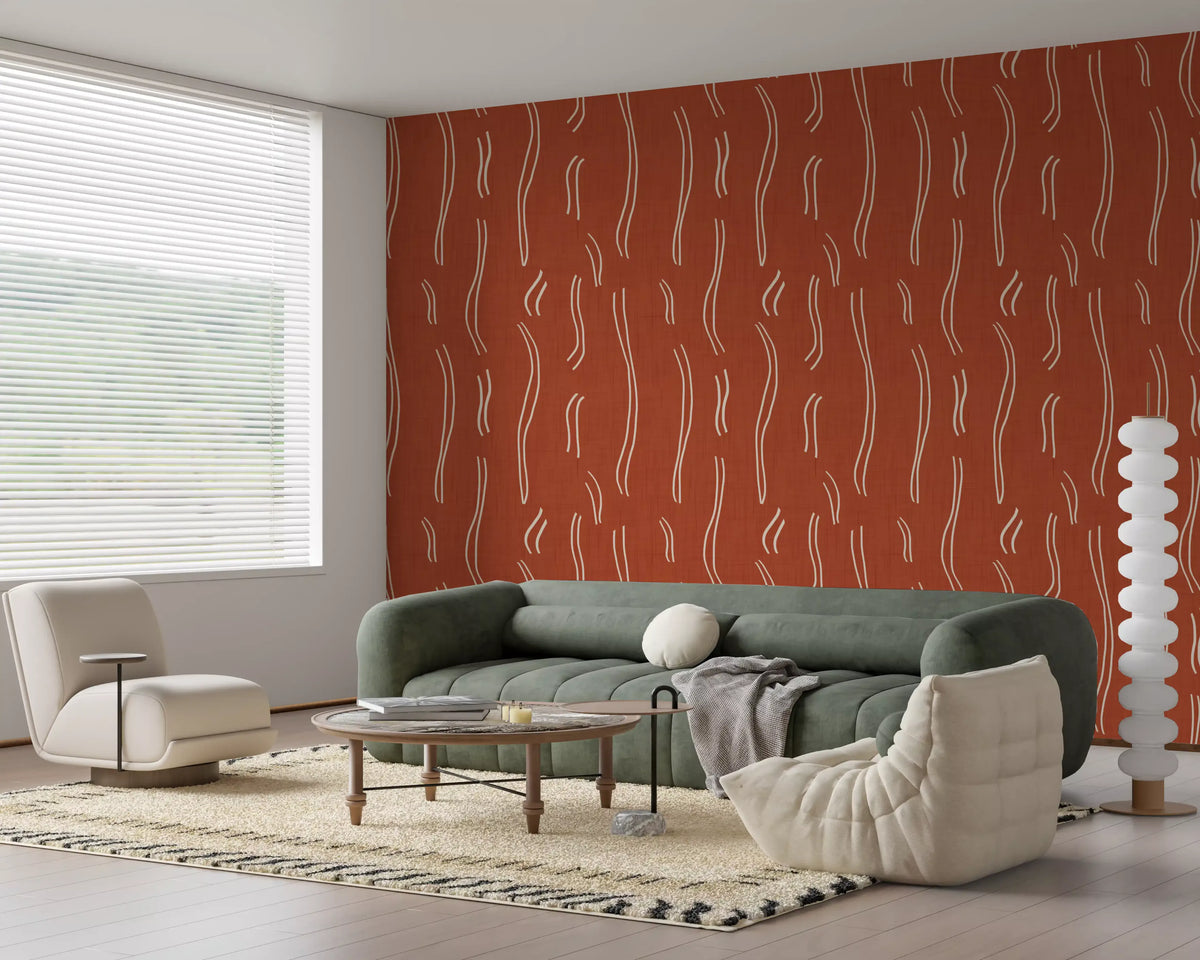 Rust Red Wavy Stripe Wallpaper Mid Century Wallpaper⁠