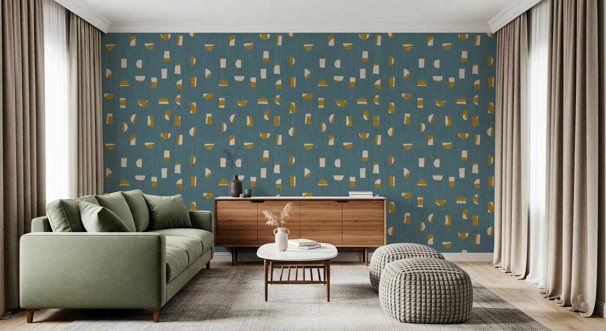 Dusty Teal Abstract Shapes Wallpaper Mid Century Wallpaper⁠