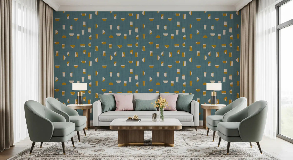 Dusty Teal Abstract Shapes Wallpaper Mid Century Wallpaper⁠