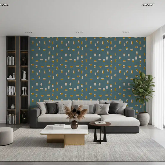 Dusty Teal Abstract Shapes Wallpaper Mid Century Wallpaper⁠