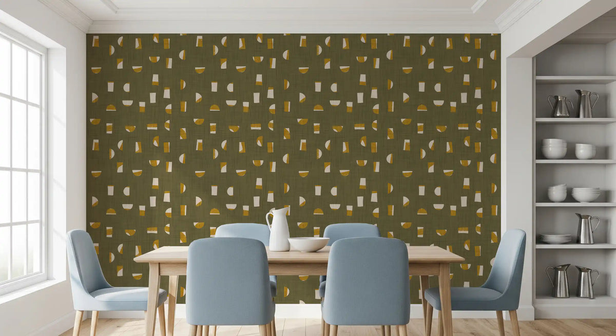 Olive Green Abstract Shapes Wallpaper Mid Century Wallpaper⁠