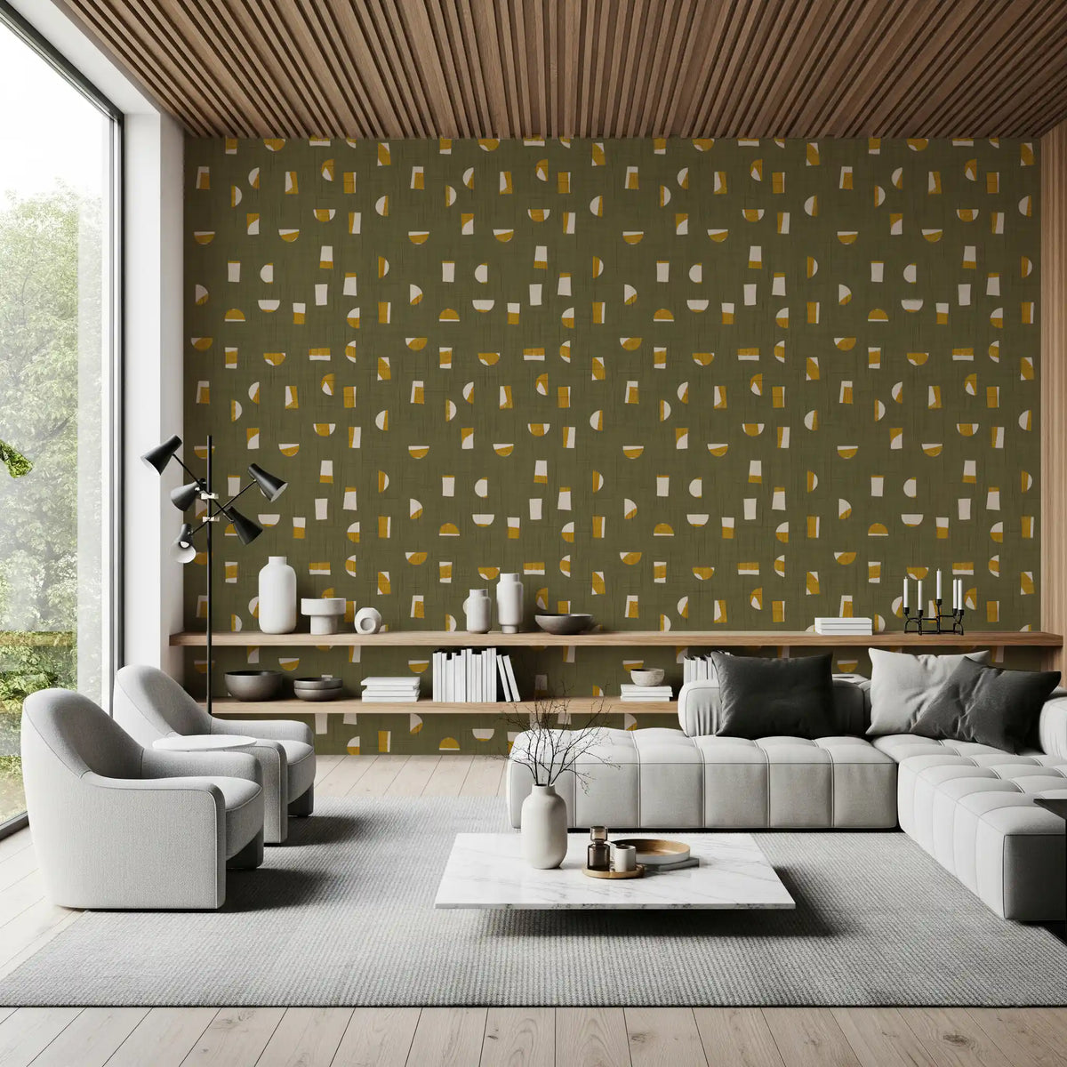 Olive Green Abstract Shapes Wallpaper Mid Century Wallpaper⁠