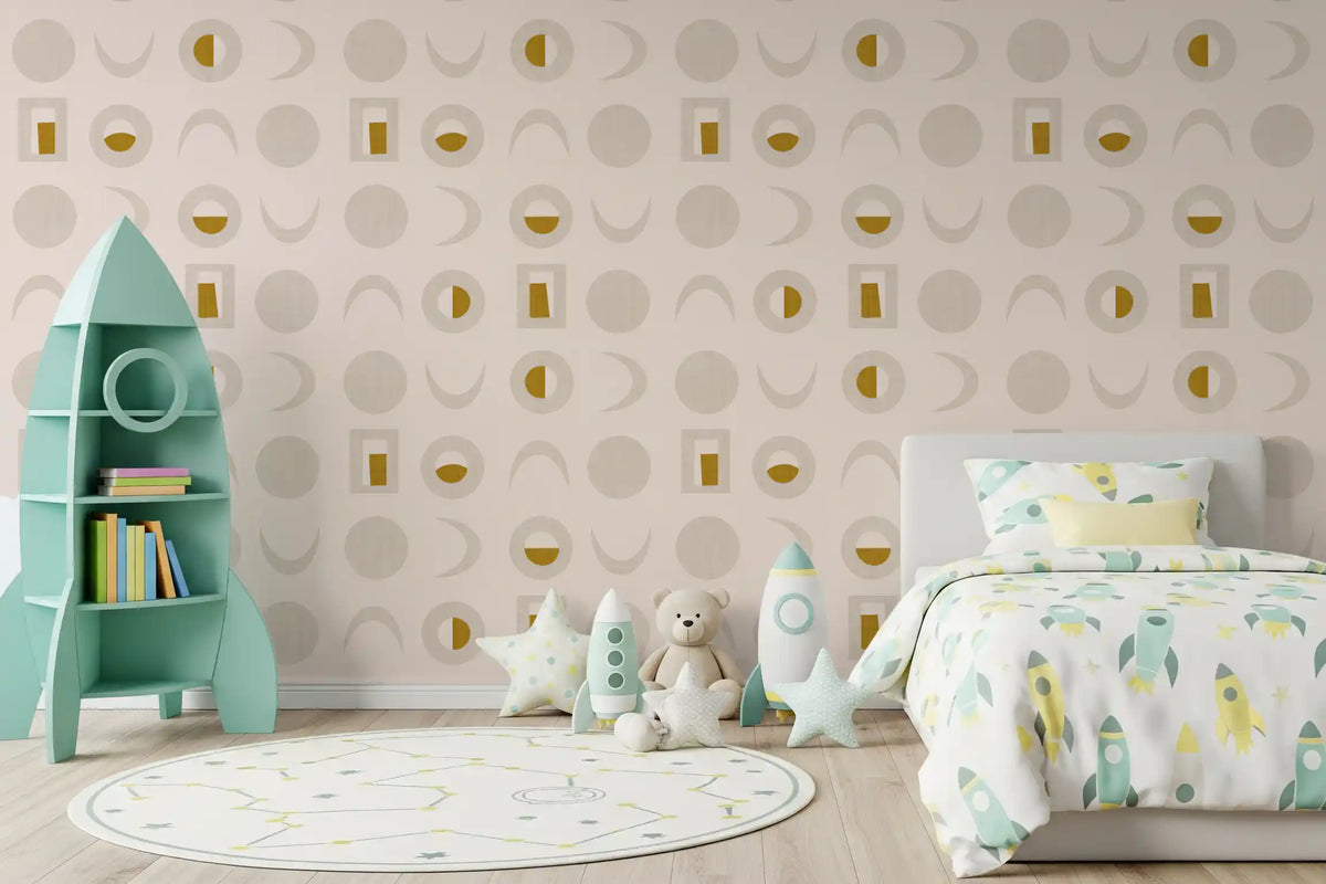 Cream Mustard Moon Phase Wallpaper Mid Century Wallpaper⁠