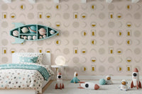 Cream Mustard Moon Phase Wallpaper Mid Century Wallpaper⁠