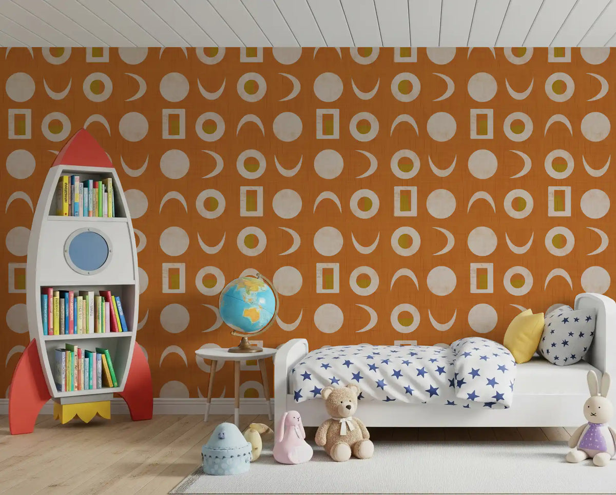 Burnt Orange Moon Phase Wallpaper Mid Century Wallpaper⁠