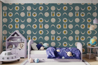 Dusty Teal Moon Phase Wallpaper Mid Century Wallpaper⁠