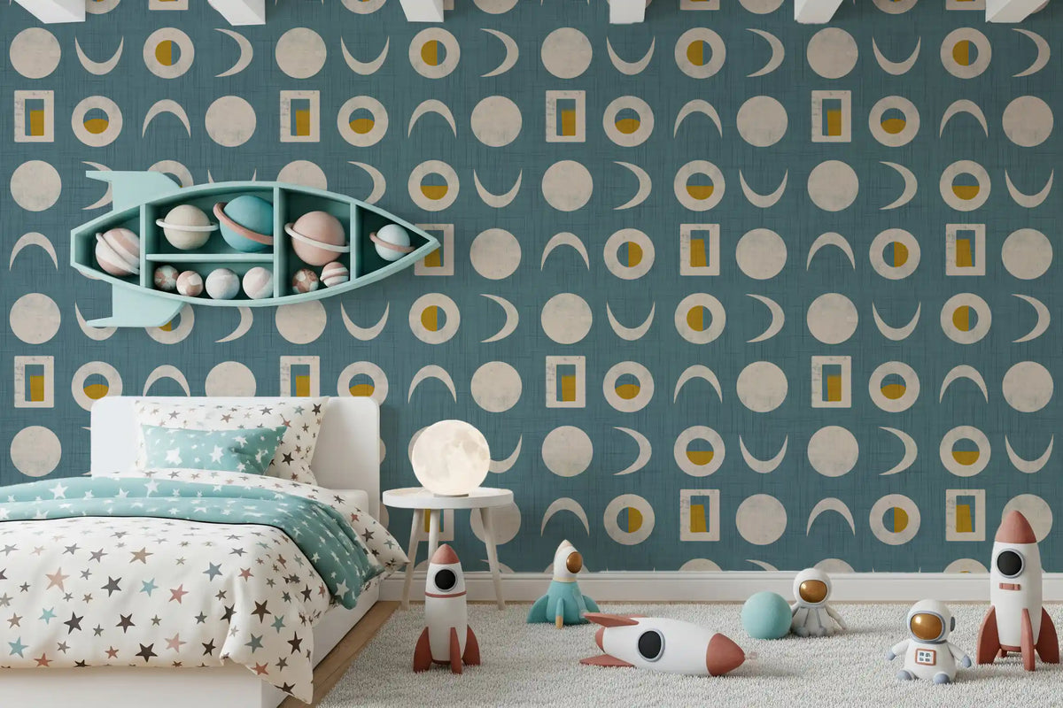 Dusty Teal Moon Phase Wallpaper Mid Century Wallpaper⁠