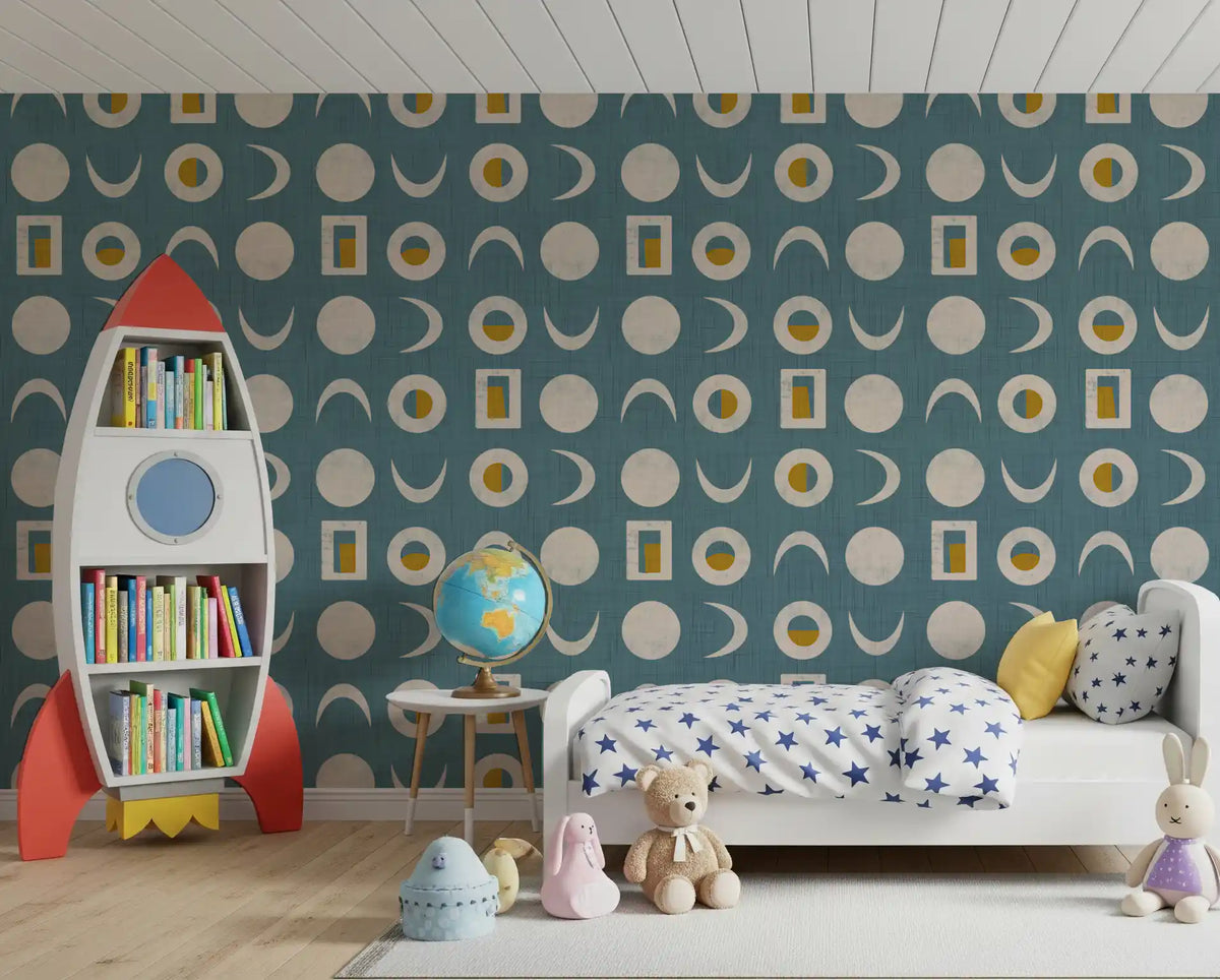 Dusty Teal Moon Phase Wallpaper Mid Century Wallpaper⁠