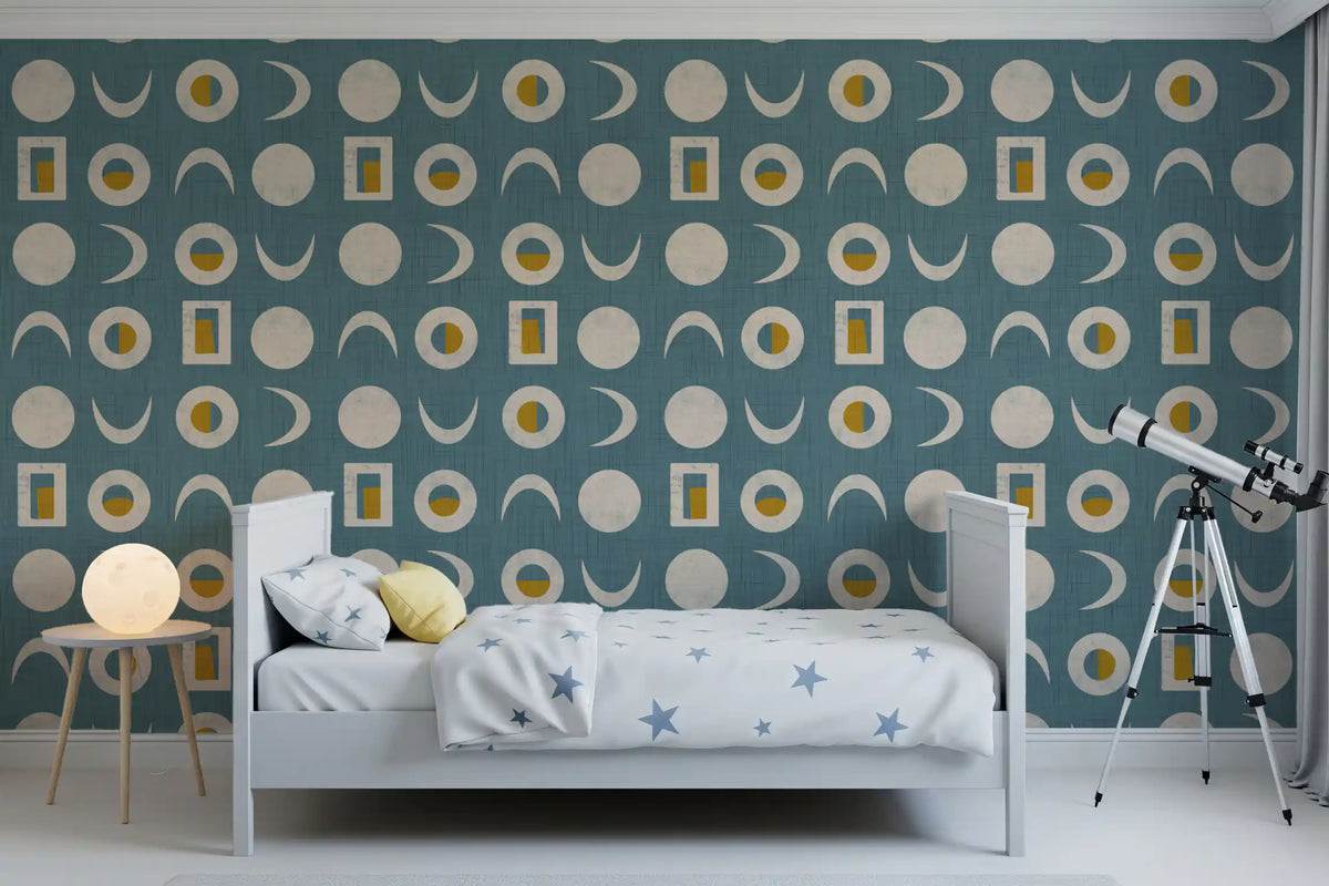 Dusty Teal Moon Phase Wallpaper Mid Century Wallpaper⁠