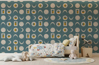 Dusty Teal Moon Phase Wallpaper Mid Century Wallpaper⁠