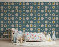 Dusty Teal Moon Phase Wallpaper Mid Century Wallpaper⁠