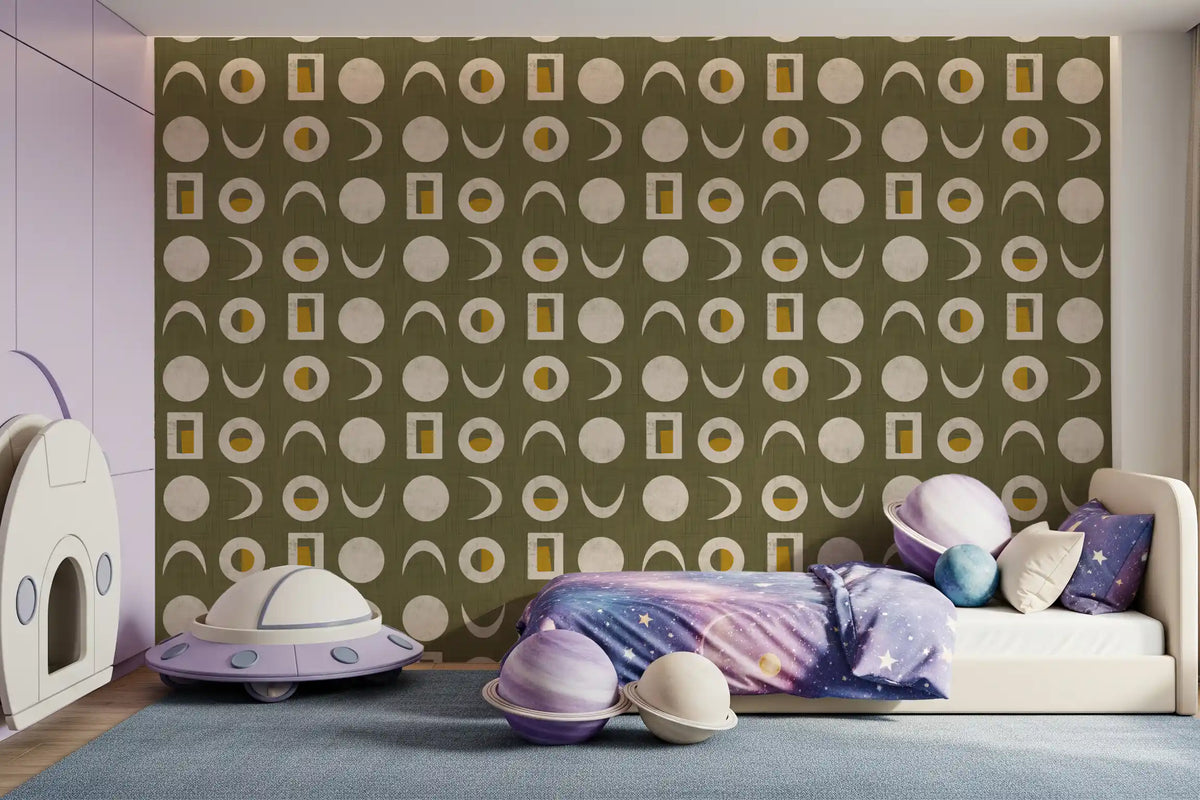 Olive Green Moon Phase Wallpaper Mid Century Wallpaper⁠