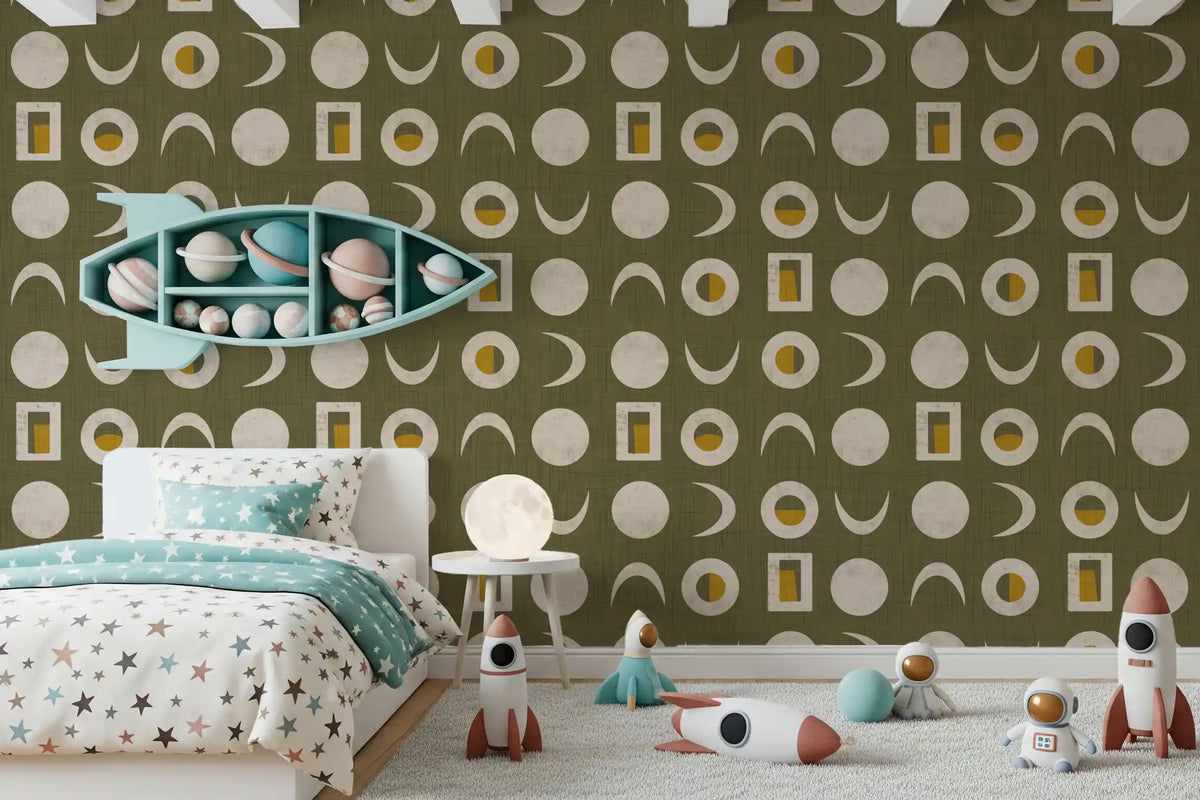 Olive Green Moon Phase Wallpaper Mid Century Wallpaper⁠
