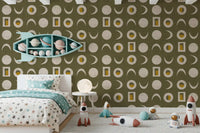 Olive Green Moon Phase Wallpaper Mid Century Wallpaper⁠