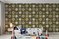 Olive Green Moon Phase Wallpaper Mid Century Wallpaper⁠