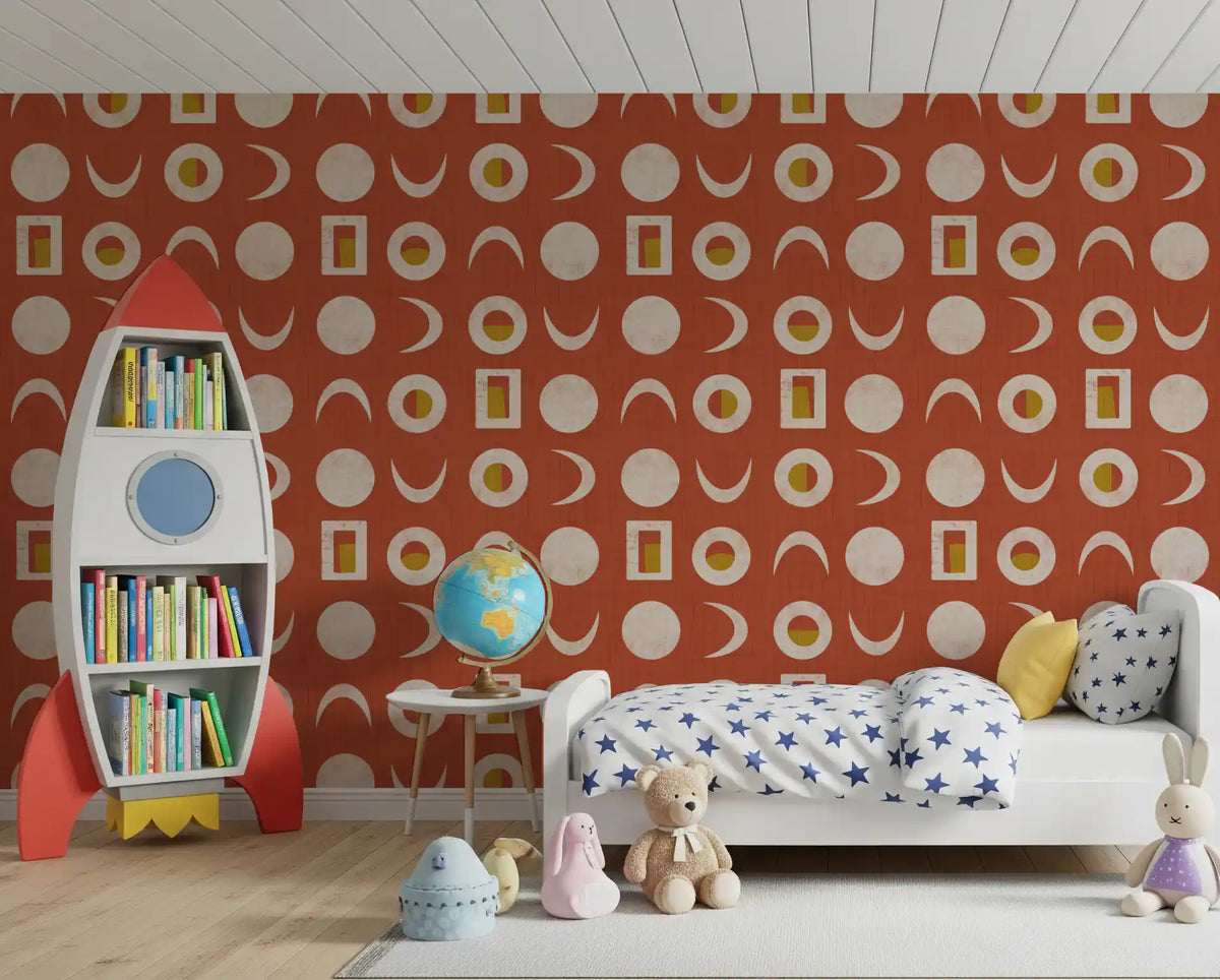 Rust Red Moon Phase Wallpaper Mid Century Wallpaper⁠