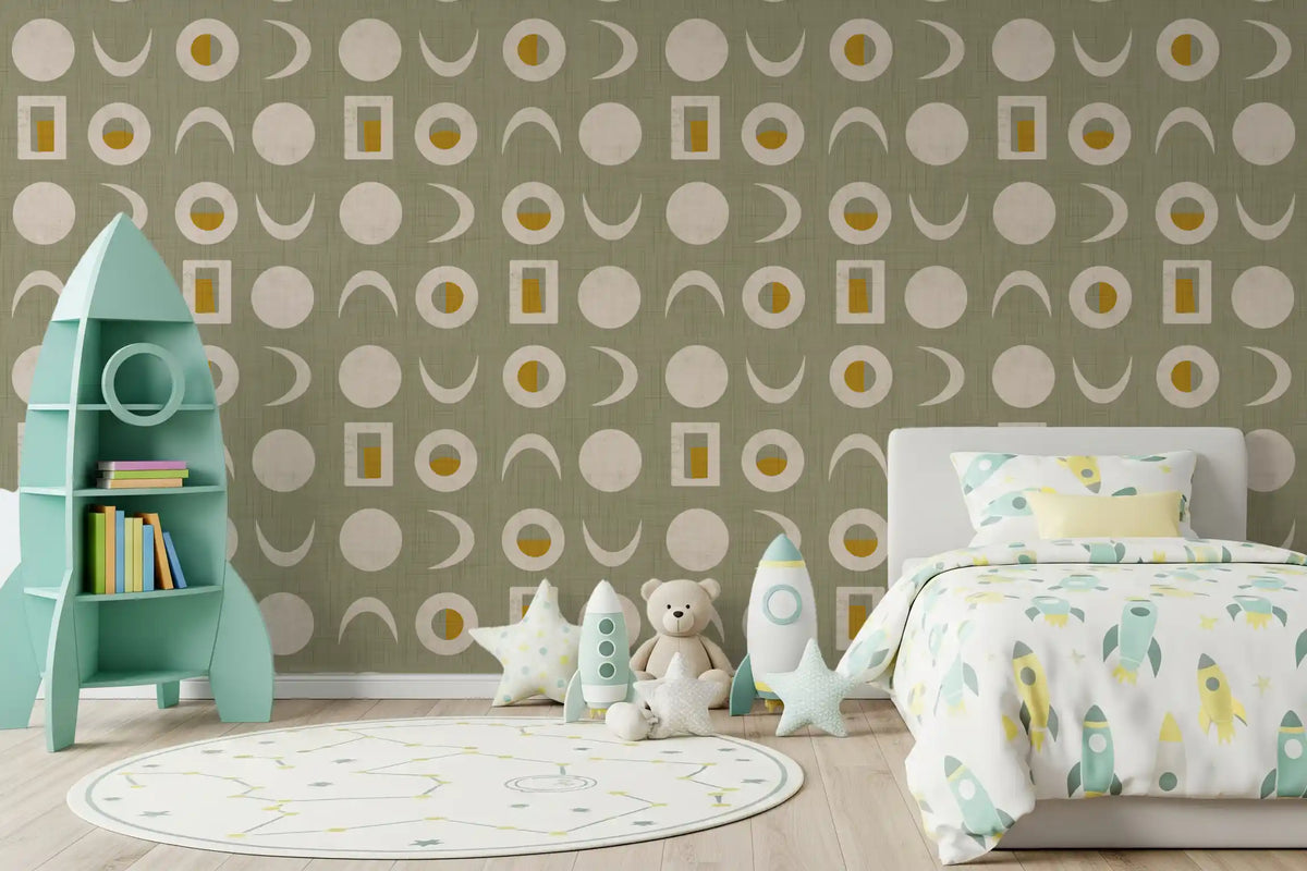 Sage Green Moon Phase Wallpaper Mid Century Wallpaper⁠