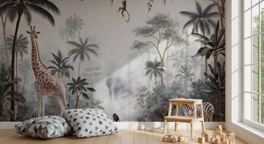 Misty Tropical Safari Wildlife Wall Mural