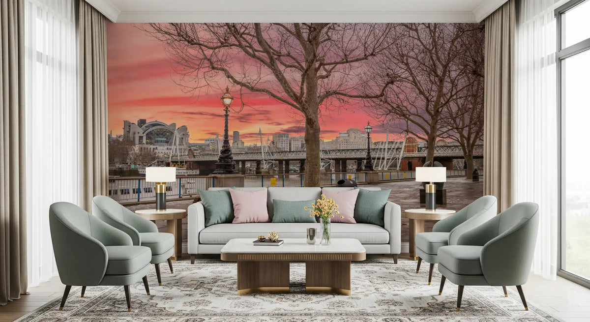 Fiery Dusk Over London Embankment Wall Mural