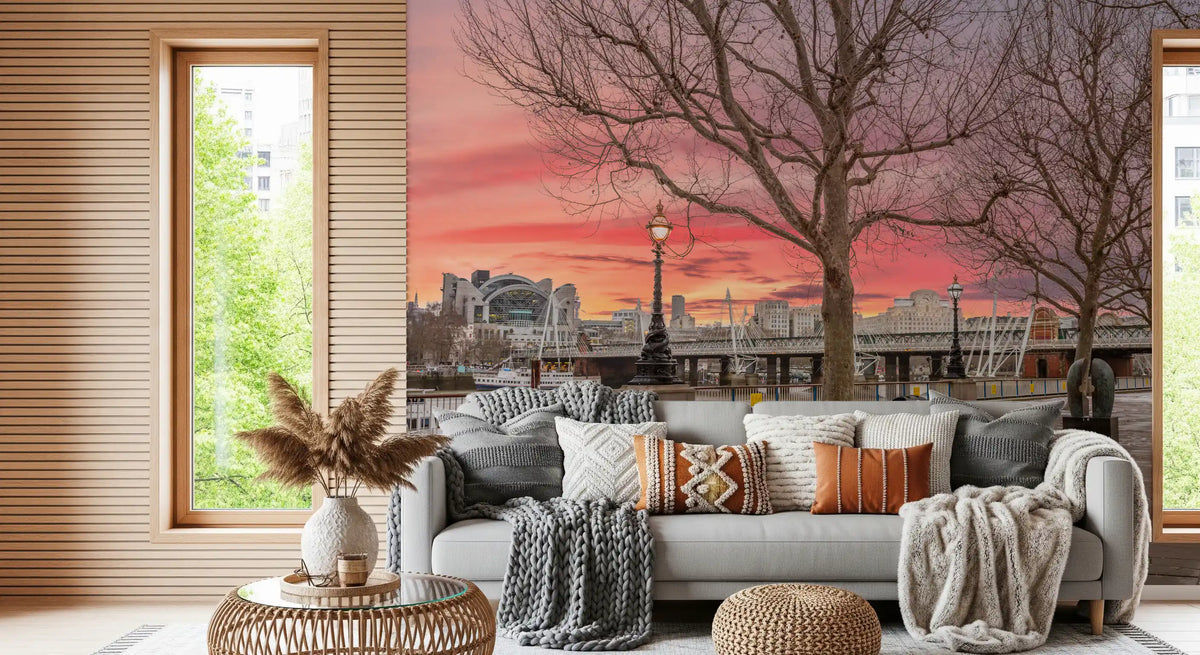 Fiery Dusk Over London Embankment Wall Mural