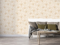 Asian-inspired mural with soft ginkgo leaf motifs

