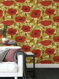 Vibrant red poppy vintage mural for bold, floral statement walls.
