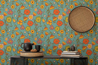 Retro Wild Floral Blue Wallpaper for stylish rooms