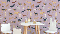 Lilac dog wallpaper for kids' room decor
