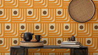 Retro 70s orange line wallpaper with brown dots
