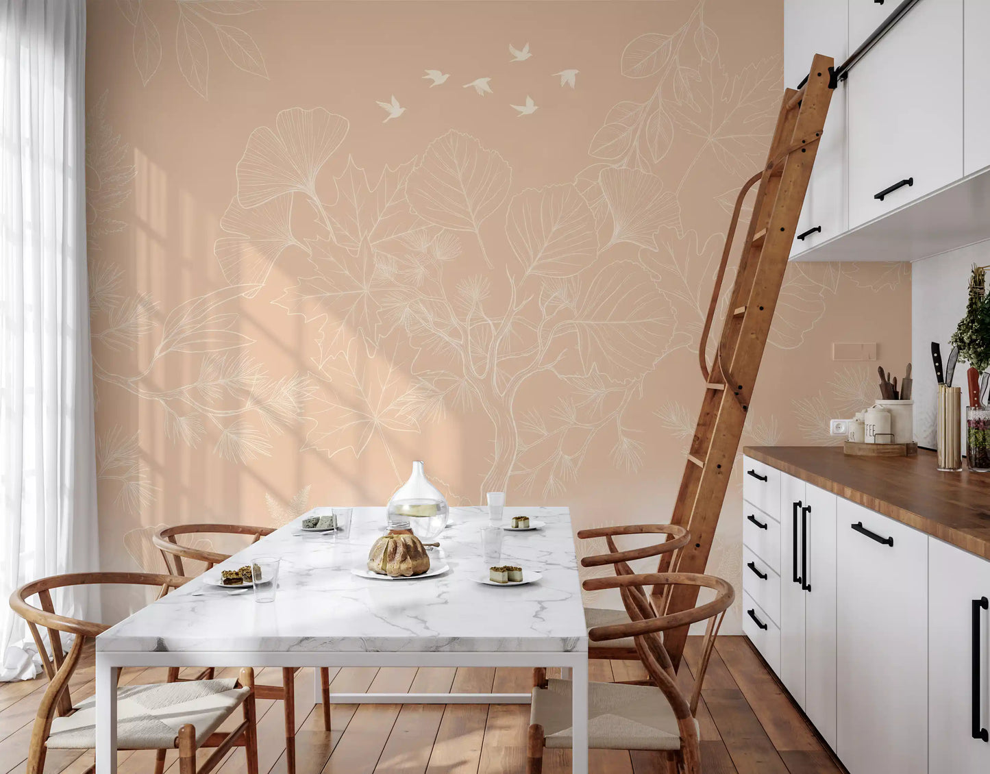 Serene Peach Botanical Line Art Wall Mural