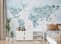 Blue kids room world map wallpaper murals
