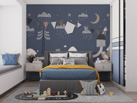 Classic car mural with whimsical scenery
