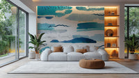 Watercolor stroke nursery mural in blue hues
