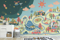Vibrant kids' city view wall mural
