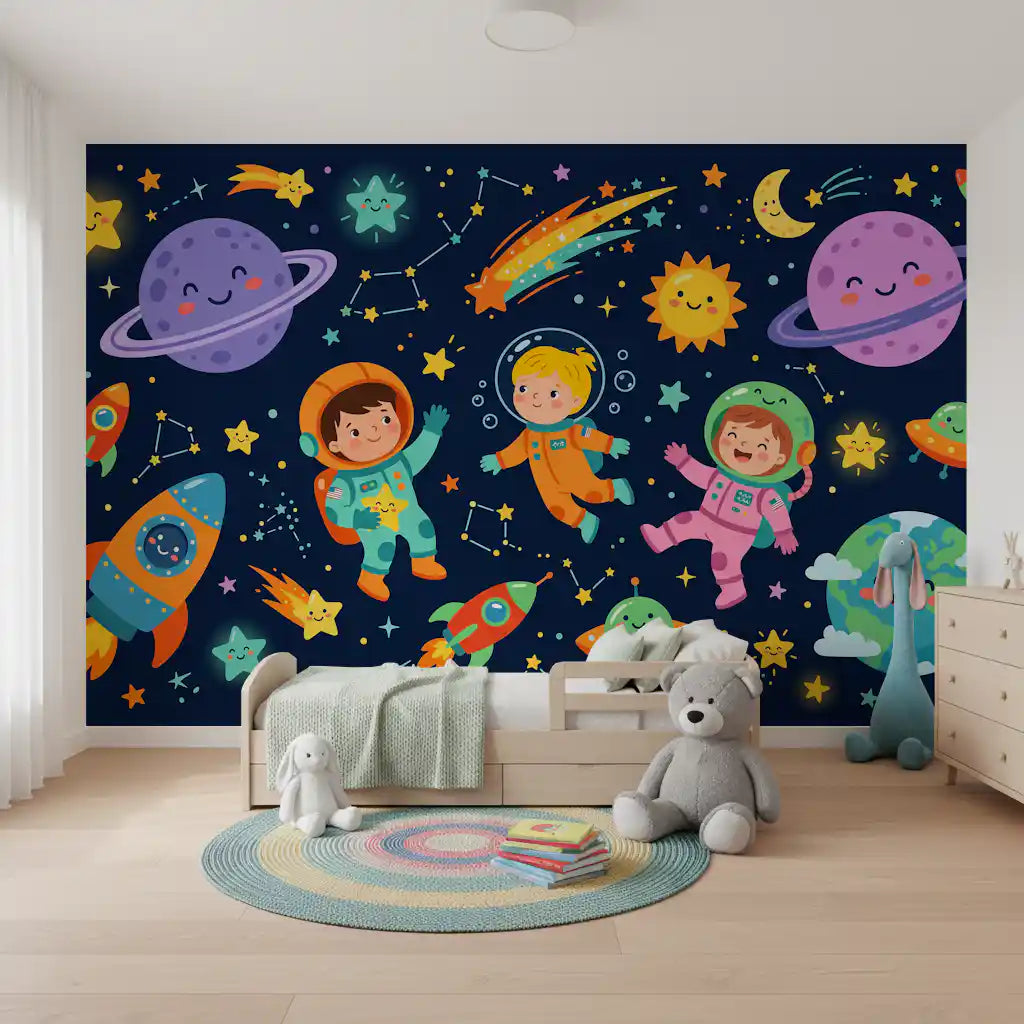 Space wallpaper behind a kids bed with a teddy and a rainbow round rug GD13077