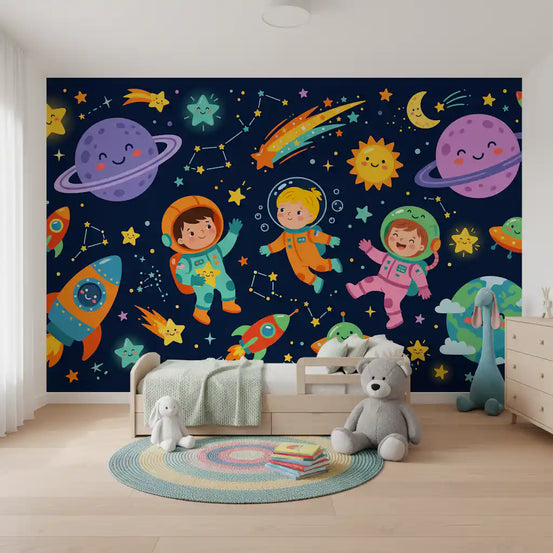 Space wallpaper behind a kids bed with a teddy and a rainbow round rug GD13077