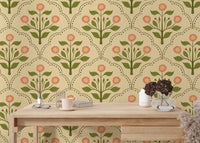 Floral wallpaper with pink lantana and green leaves
