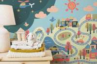 Playful urban cityscape wallpaper design
