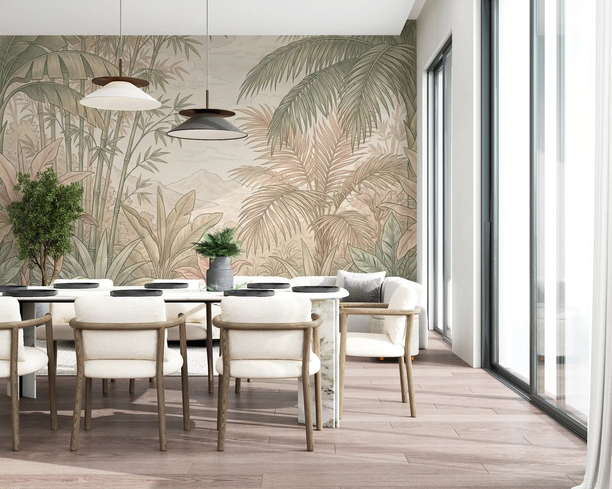 Tropical botanical wall mural in a dining room with white chairs and a long table GD12526
