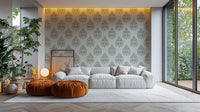Charming green damask wallpaper mural for opulent interiors.