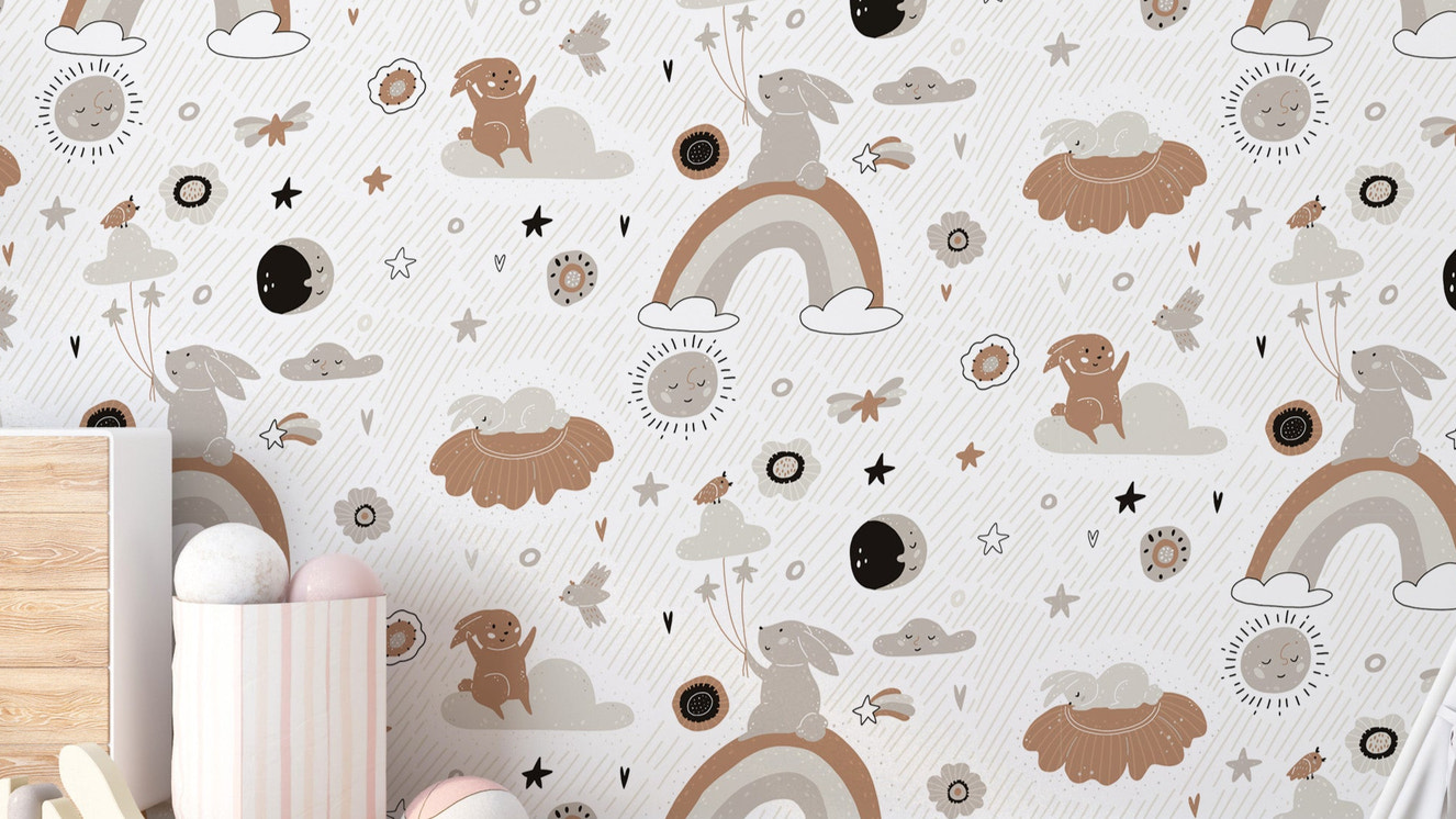 Kids wallpaper with bunnies and fluffy clouds