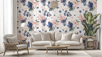 Navy and peach flower wallpaper for decor
