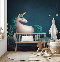 Blue & Green Night Unicorn Kids Nursery Wallpaper Mural - Giffywalls