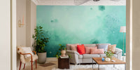 Artistic green wallpaper mural with watercolor textures.
