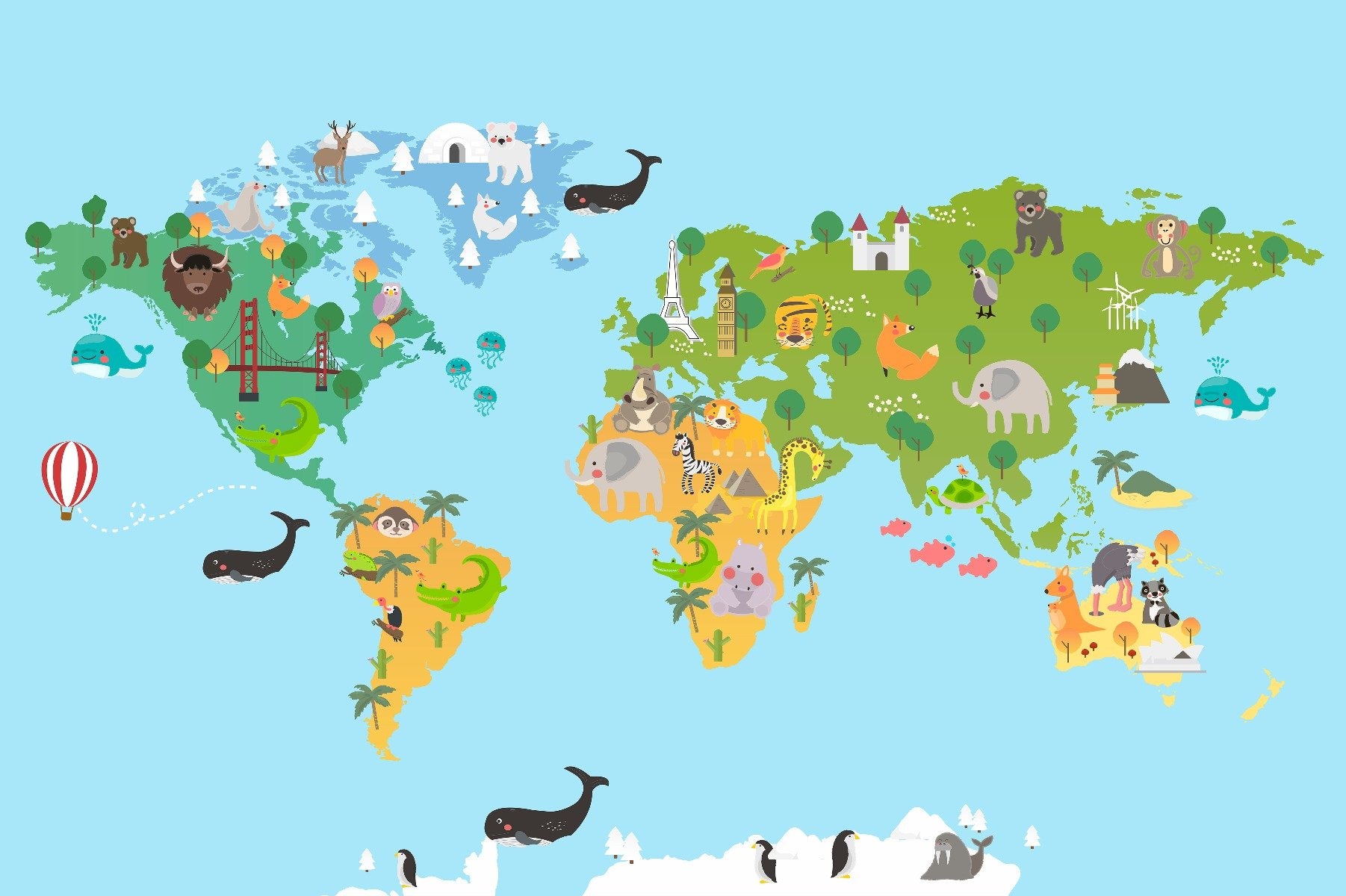 Kids World Map Animal Wallpaper Mural in your room — zoomed