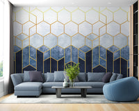 Blue & Gold Hexagonal Pattern Geometric wallpaper Murals - Giffywalls