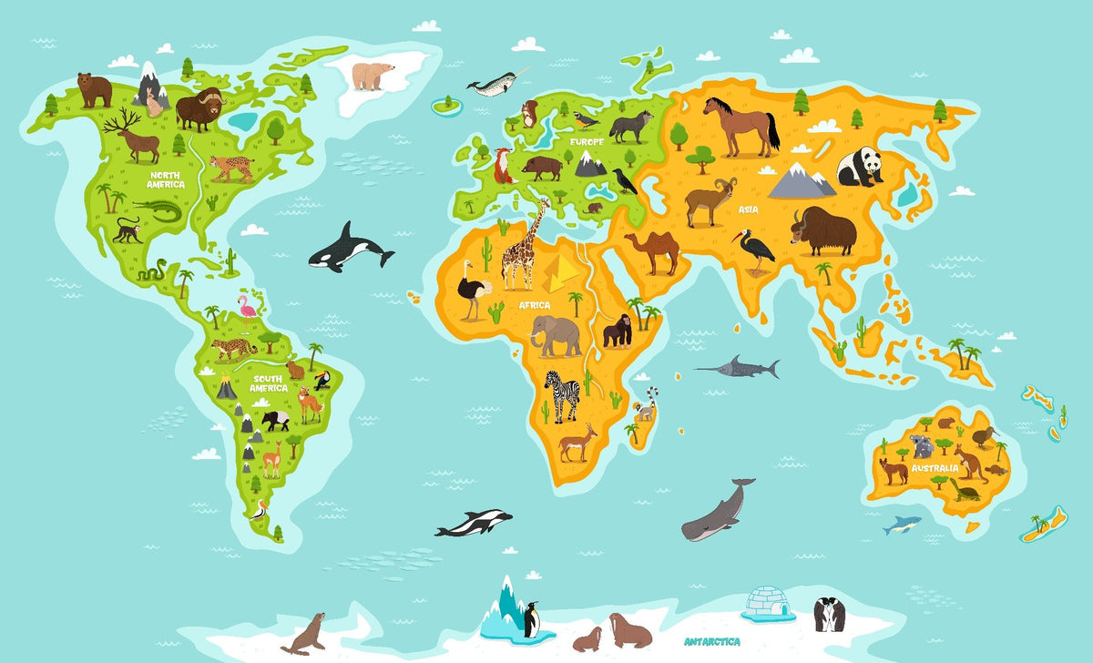 Wildlife Animals World Map Wallpaper in your room — zoomed