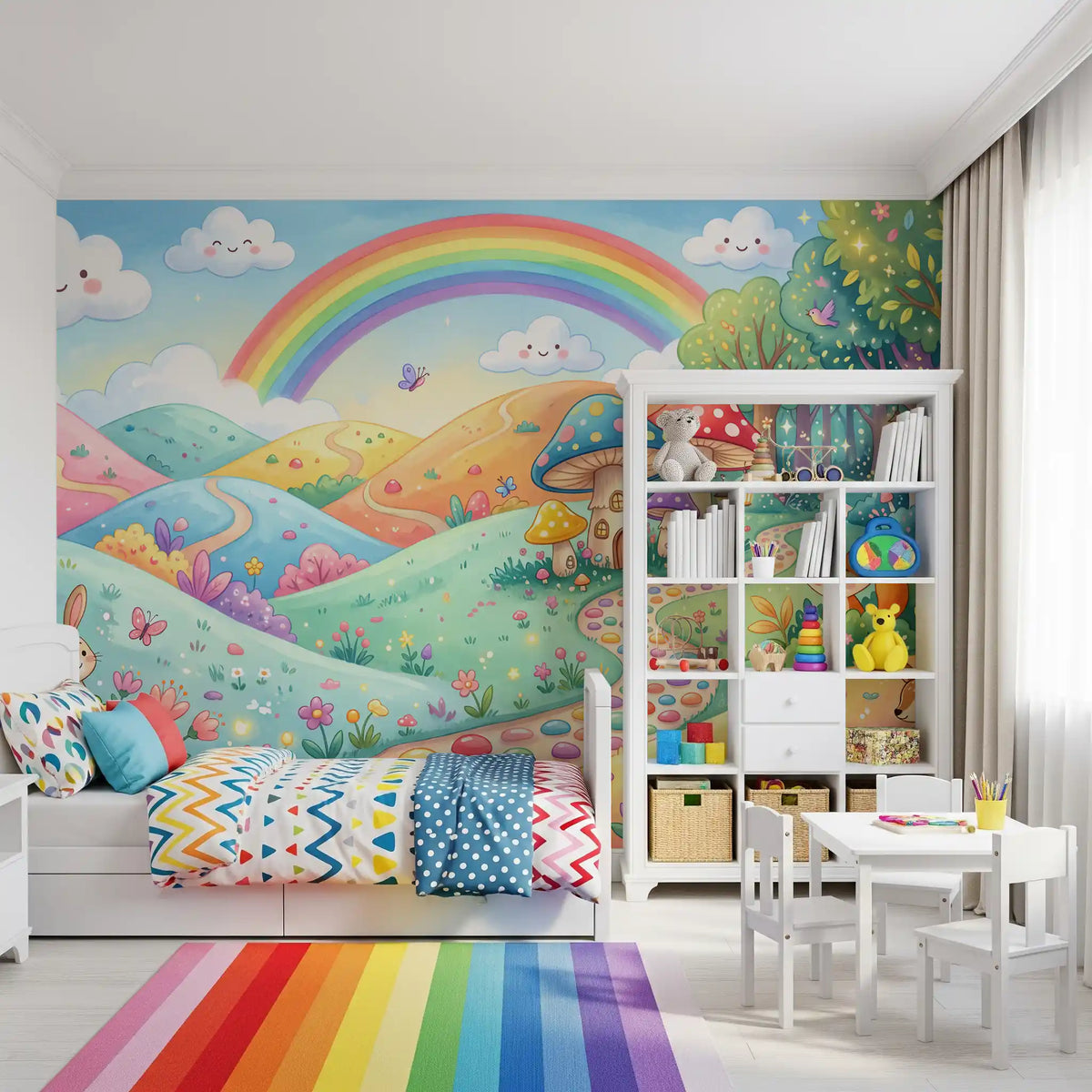 Rainbow wallpaper mural behind a kids bed with a rainbow floor runner GD13079